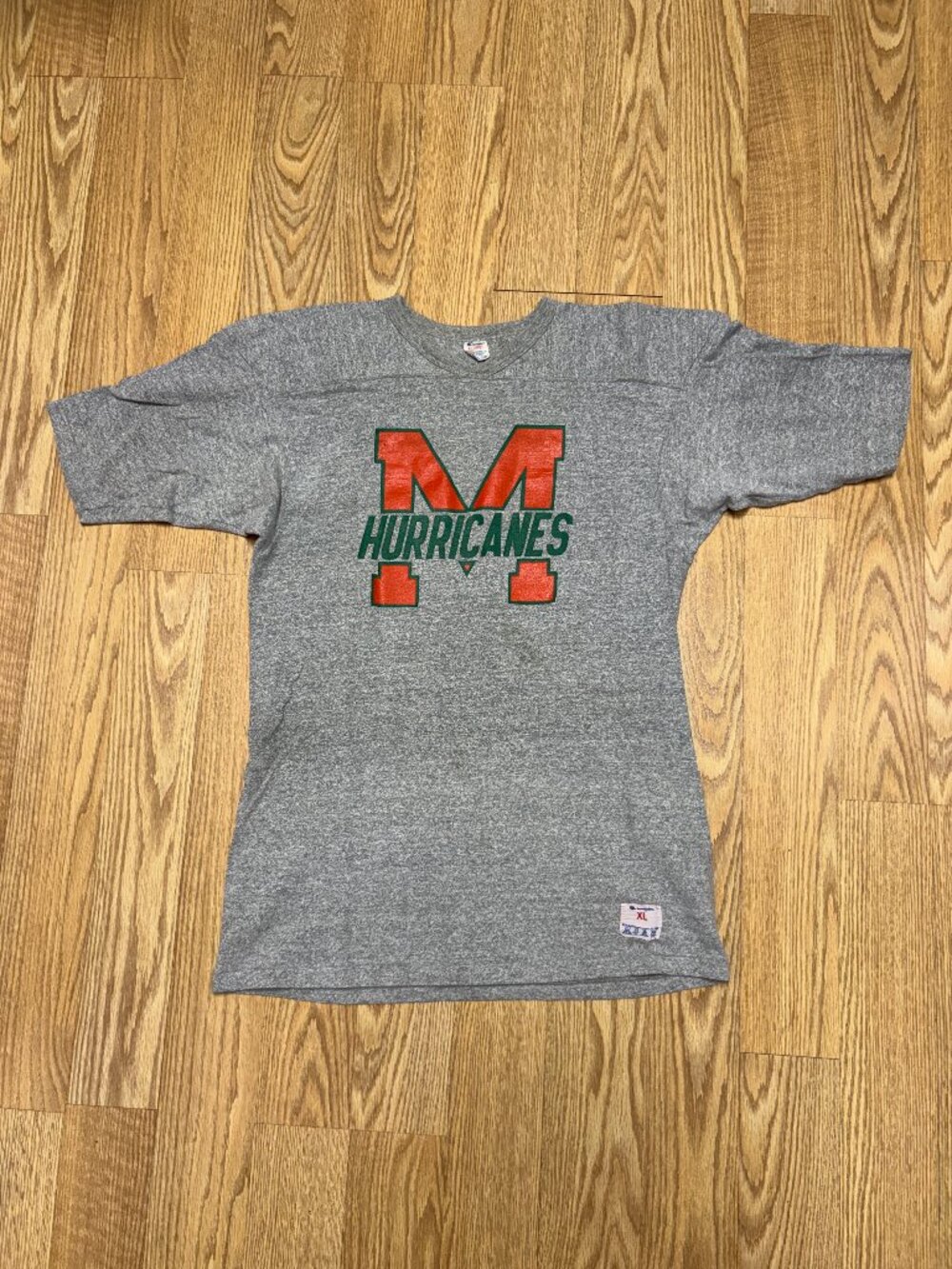 Vintage Miami Hurricanes Adult XL Single Stitch V-Neck Gray Shirt Champion Tag